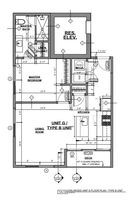 A floor plan for a unit G living room type B unit.